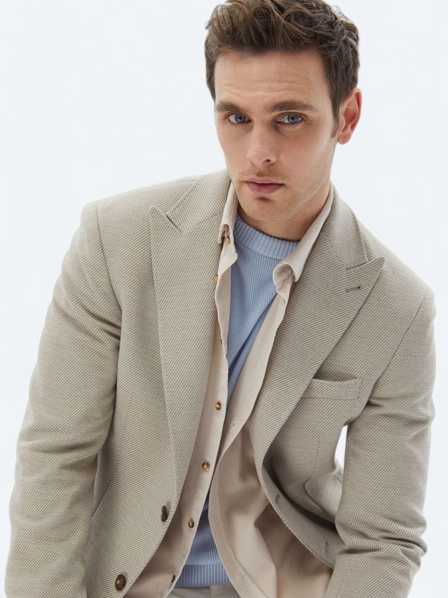 Beige Patterned Modern Fit Cotton Blended Jacket - 1