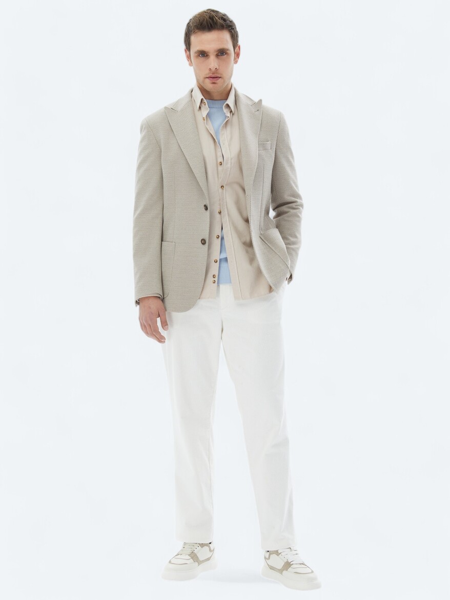 Beige Patterned Modern Fit Cotton Blended Jacket - 2
