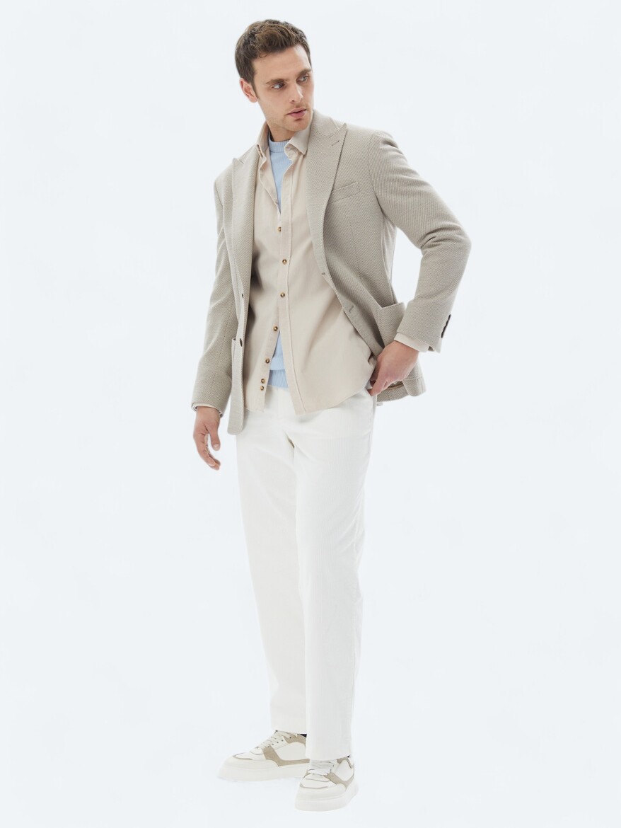 Beige Patterned Modern Fit Cotton Blended Jacket - 3