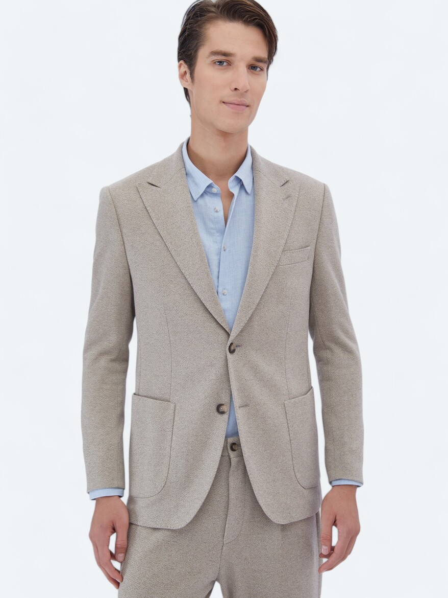 Beige Patterned Modern Fit Cotton Blended Suit - 1