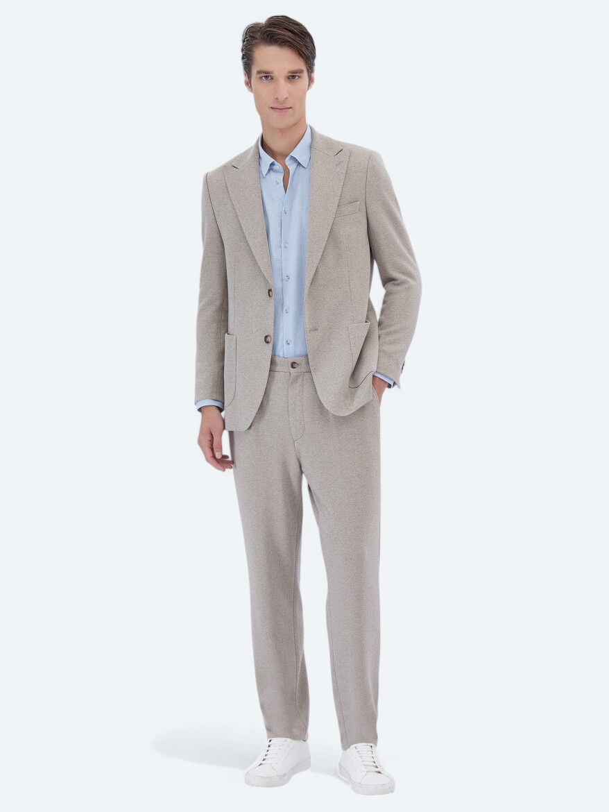 Beige Patterned Modern Fit Cotton Blended Suit - 2