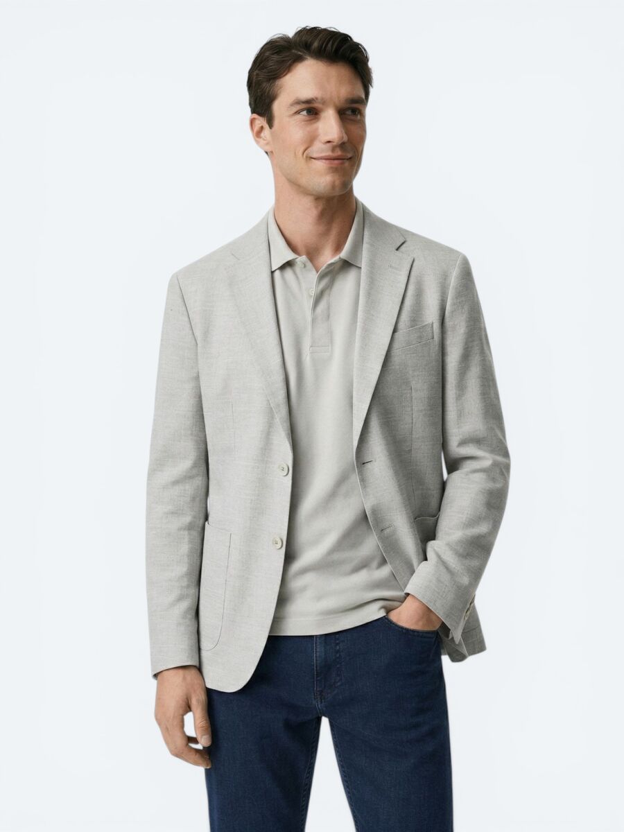 Beige Patterned Modern Fit Linen Blended Jacket - 3