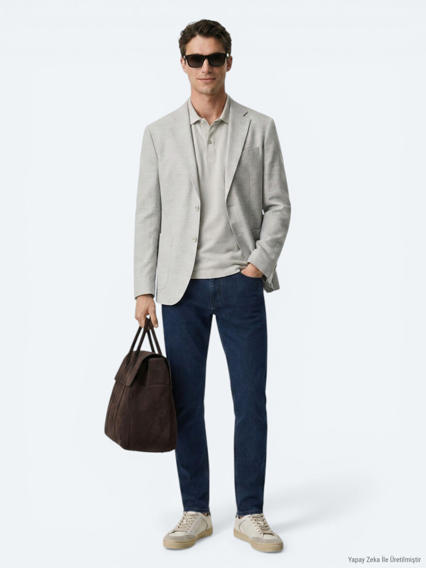 Beige Patterned Modern Fit Linen Blended Jacket - 2