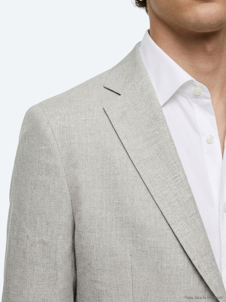 Beige Patterned Modern Fit Linen Blended Jacket - 3