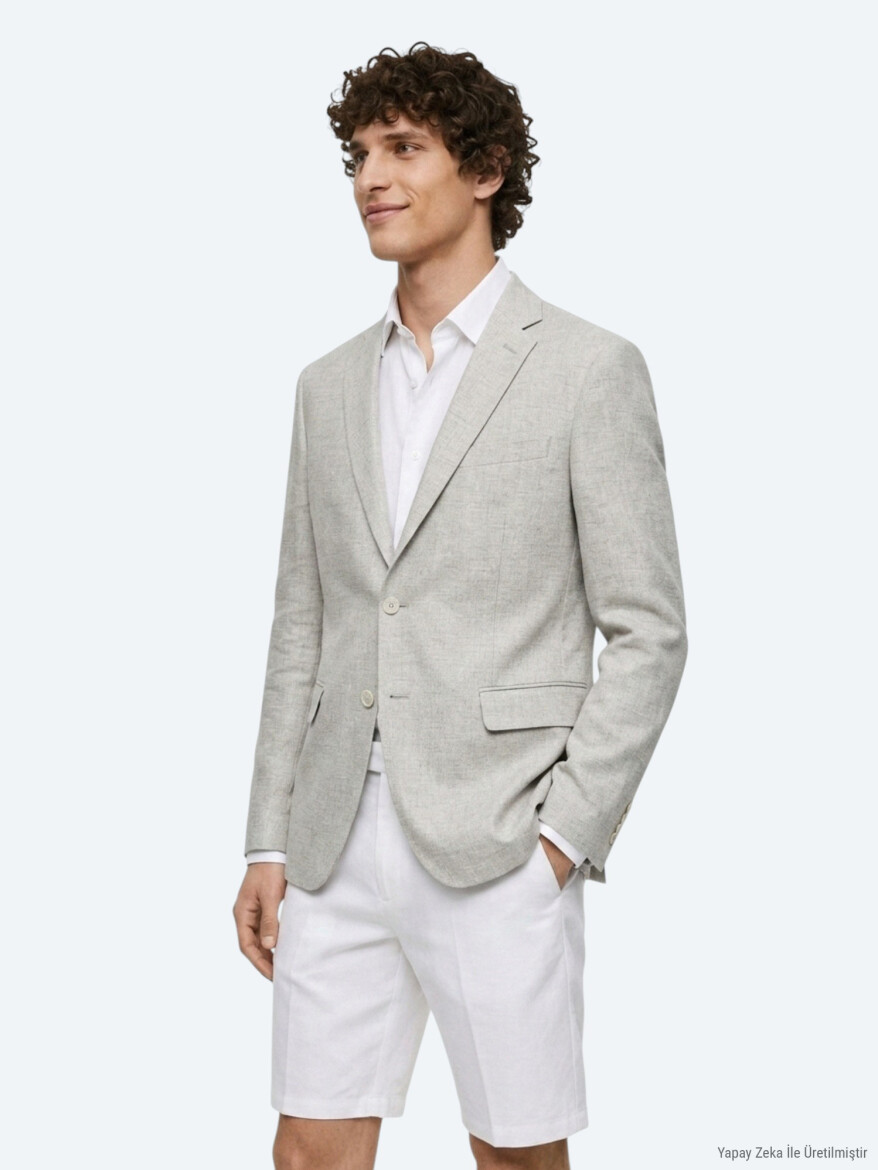 Beige Patterned Modern Fit Linen Blended Jacket - 4