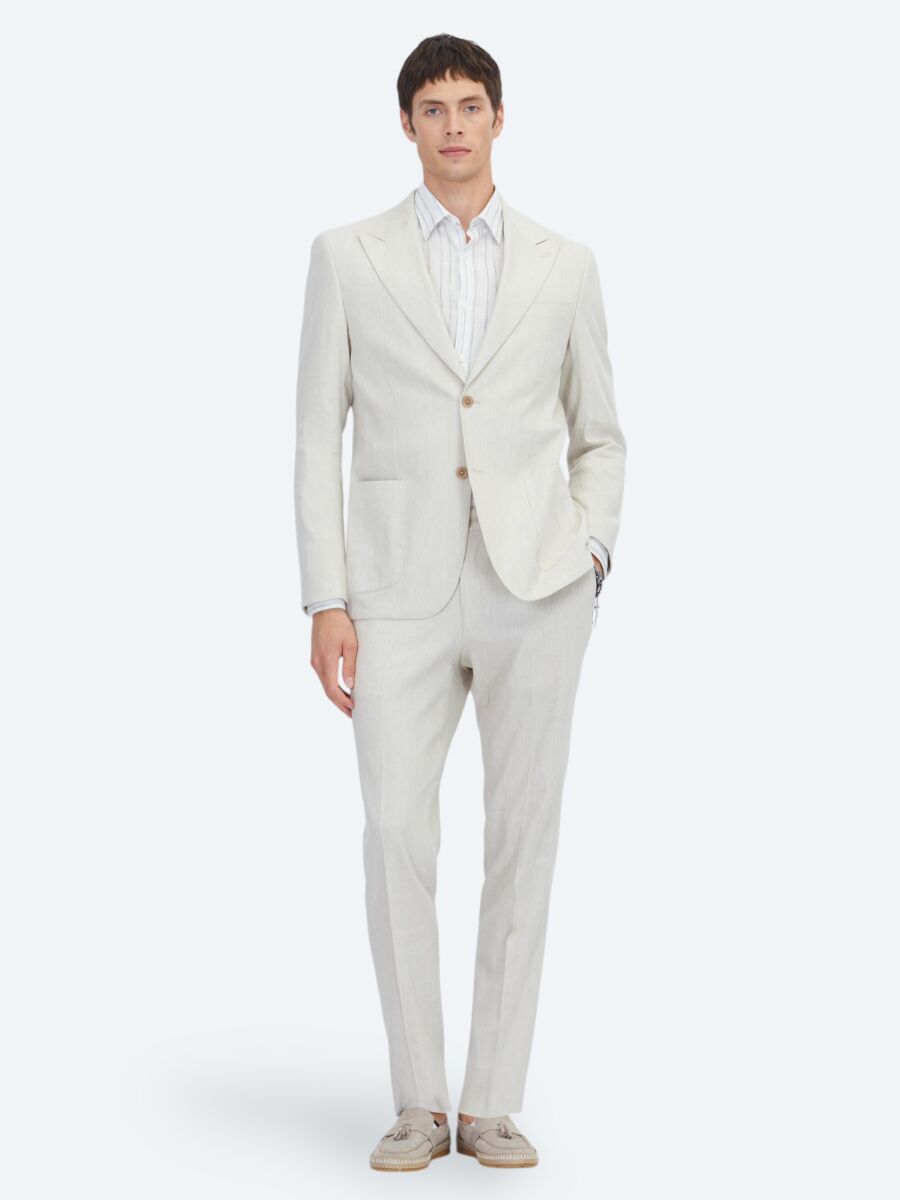 Beige Patterned Modern Fit Linen Blended Suit - 2