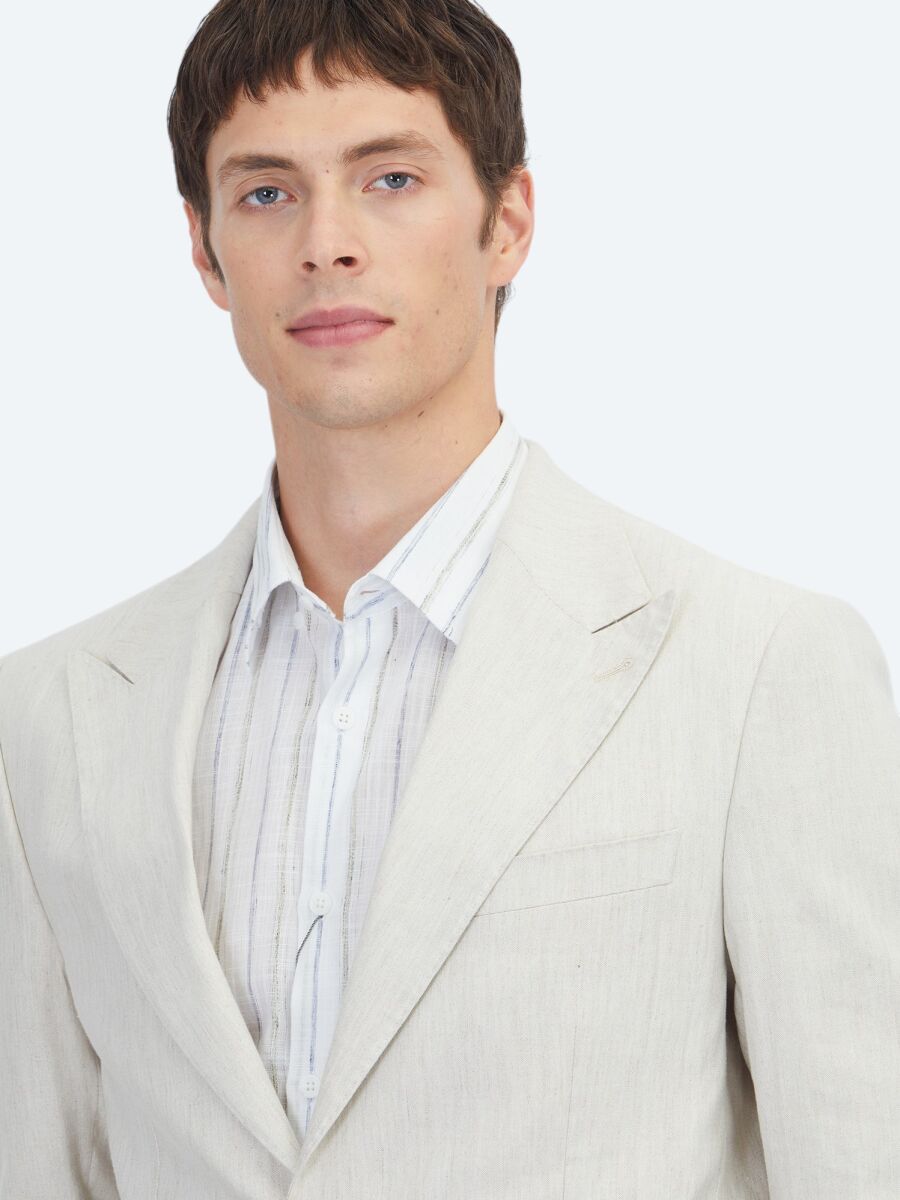 Beige Patterned Modern Fit Linen Blended Suit - 3