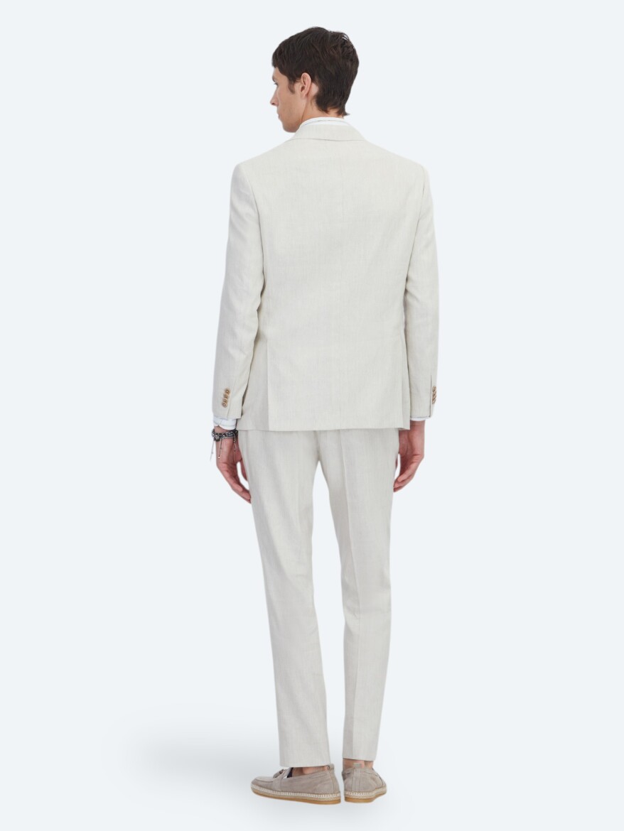 Beige Patterned Modern Fit Linen Blended Suit - 5