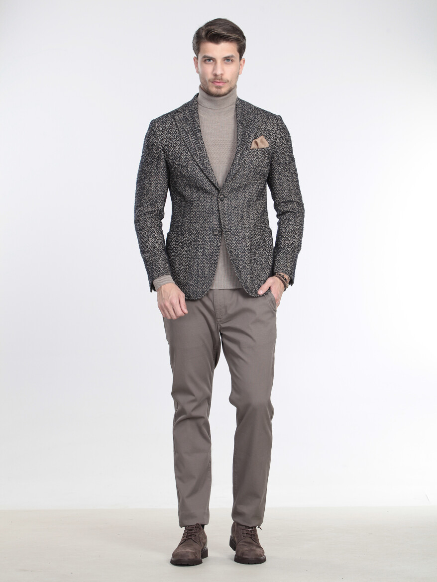 Beige Patterned Modern Fit Wool Blended Jacket - 1