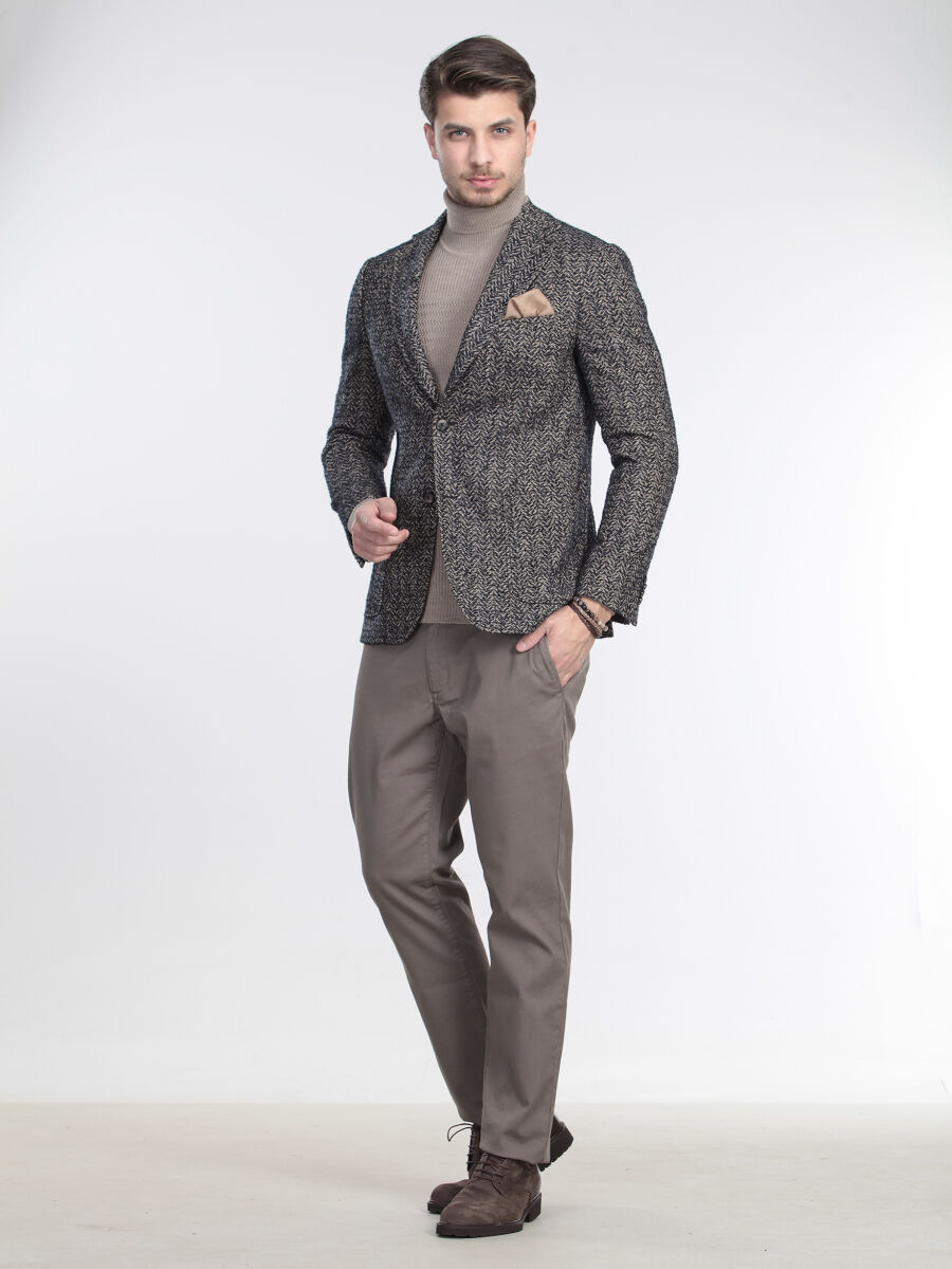 Beige Patterned Modern Fit Wool Blended Jacket - 2