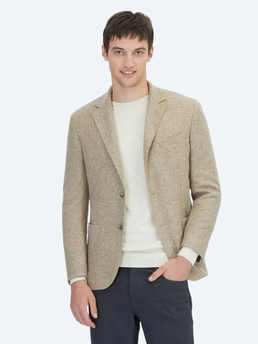 Beige Patterned Modern Fit Wool Blended Jacket - 1