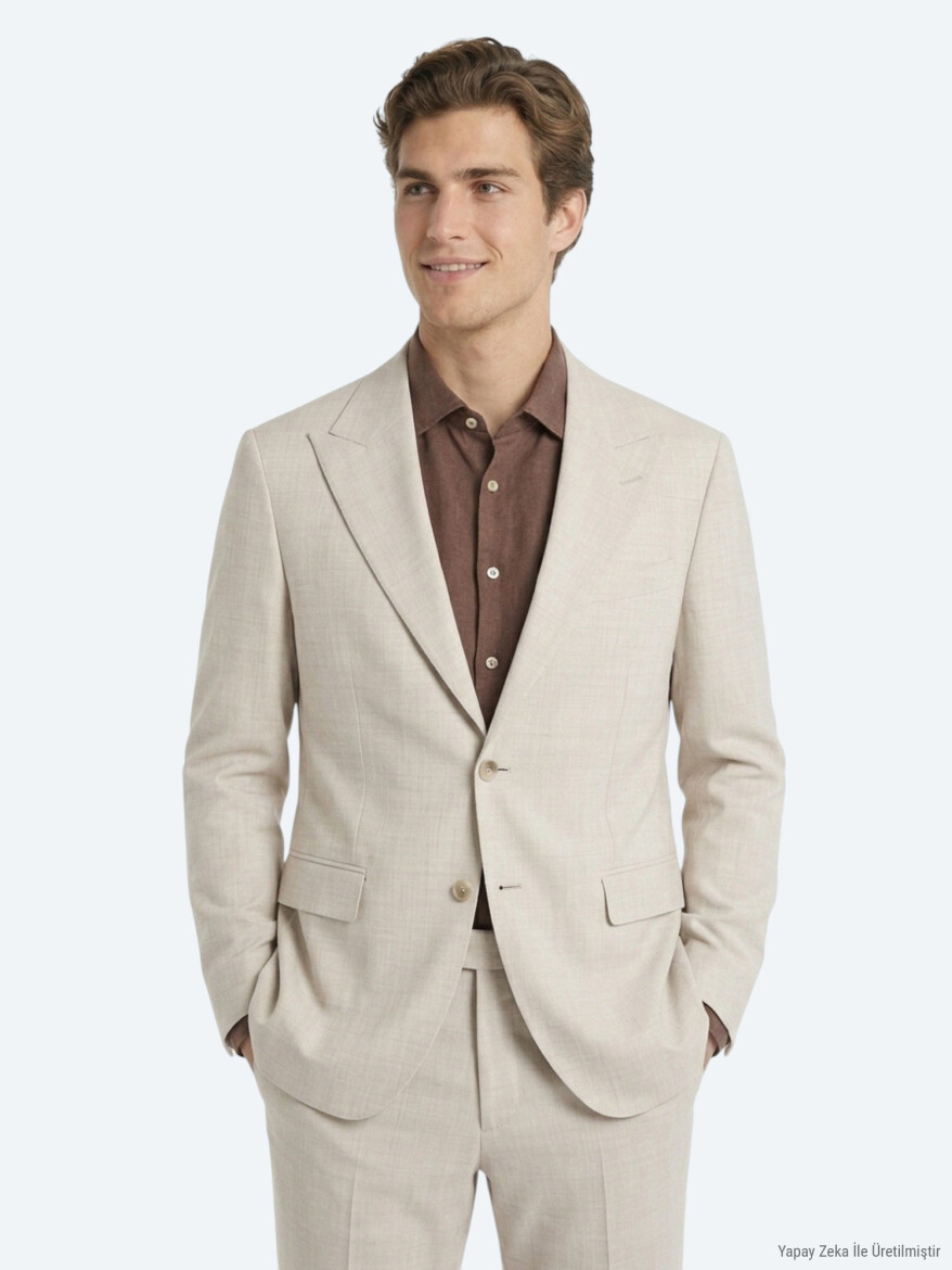 Beige Patterned Modern Fit Wool Blended Suit - 2
