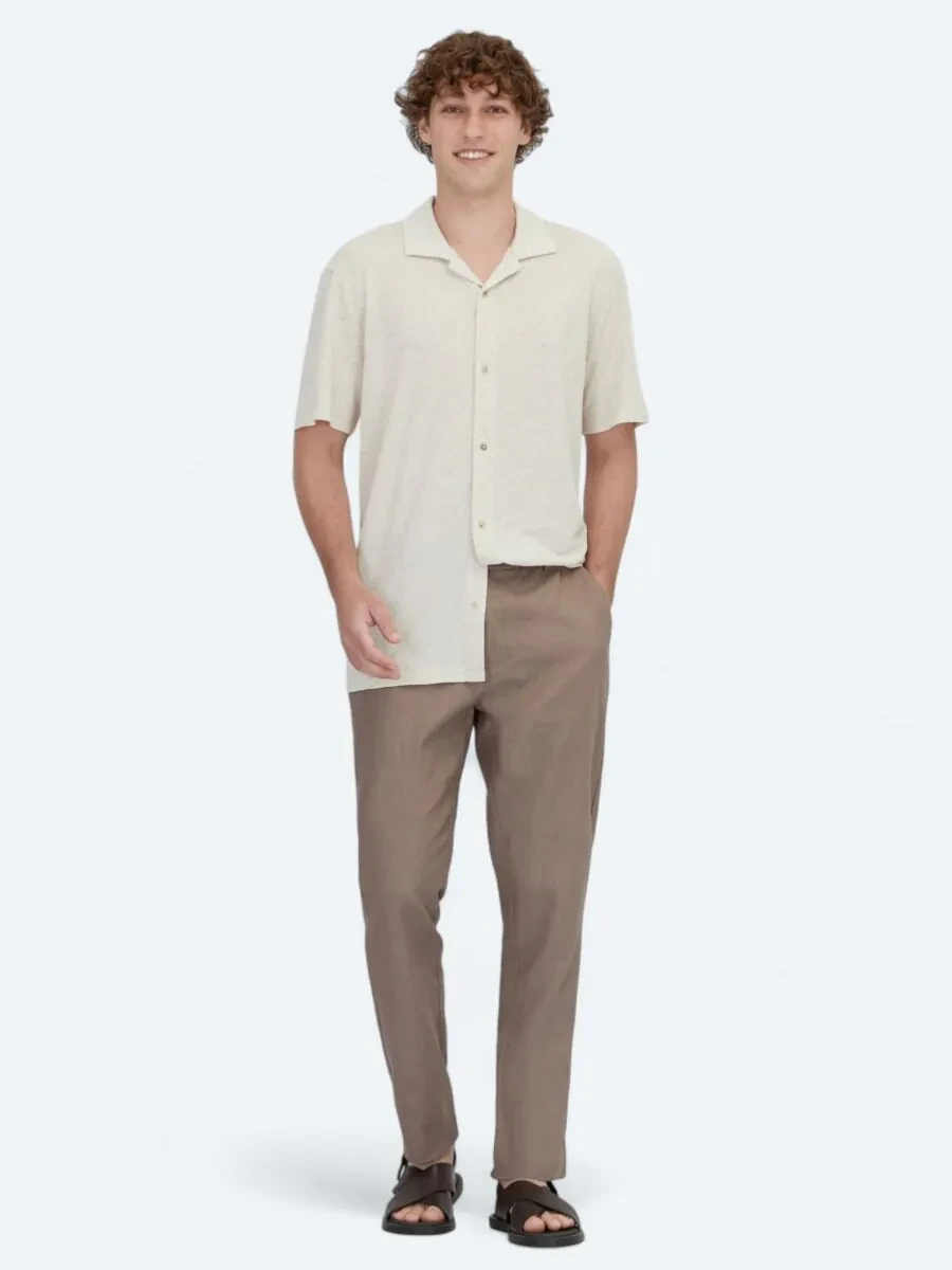 Beige Patterned Regular Fit Knitting Casual Linen Blended Shirt - 2