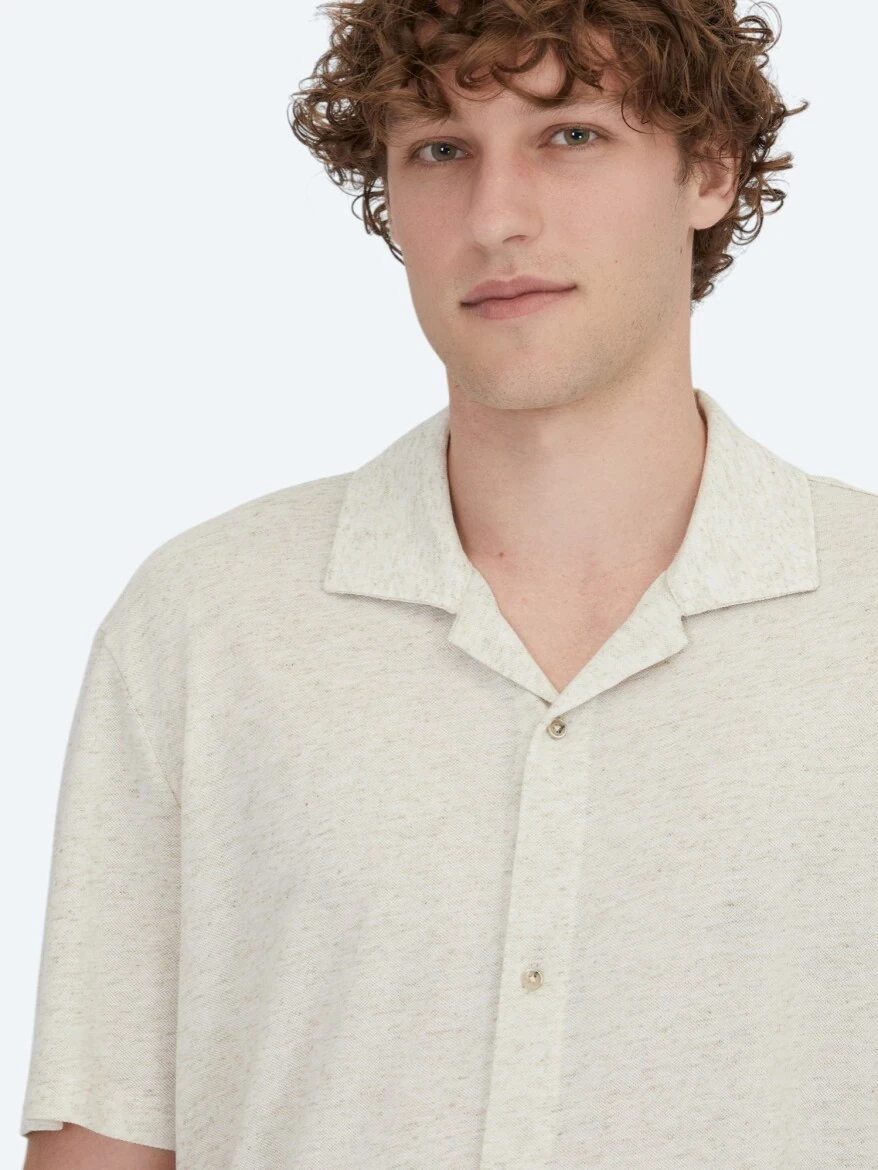 Beige Patterned Regular Fit Knitting Casual Linen Blended Shirt - 3