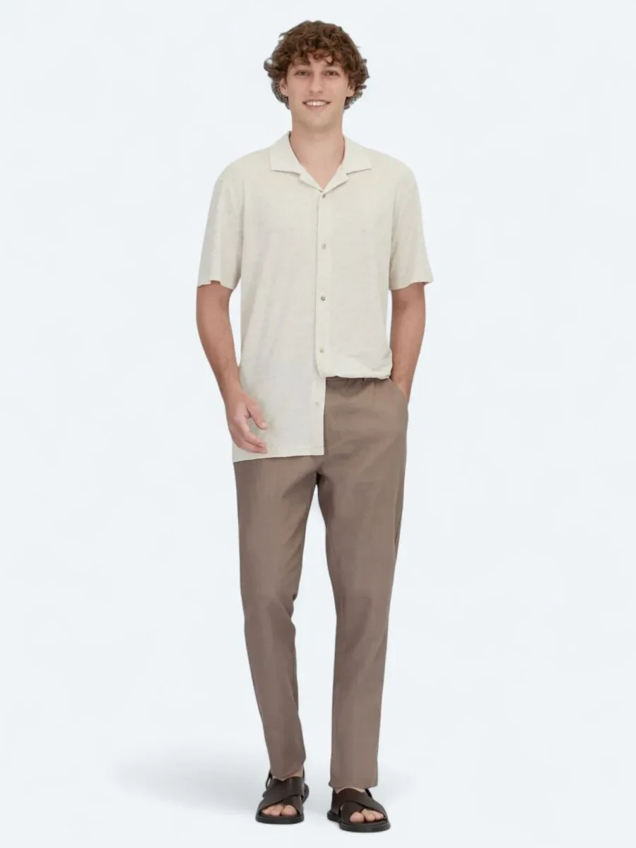 Beige Patterned Regular Fit Knitting Casual Linen Blended Shirt - 2