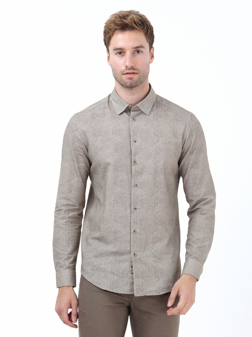 Beige Patterned Regular Fit Long Weaving Casual 100% Cotton Shirt - 1