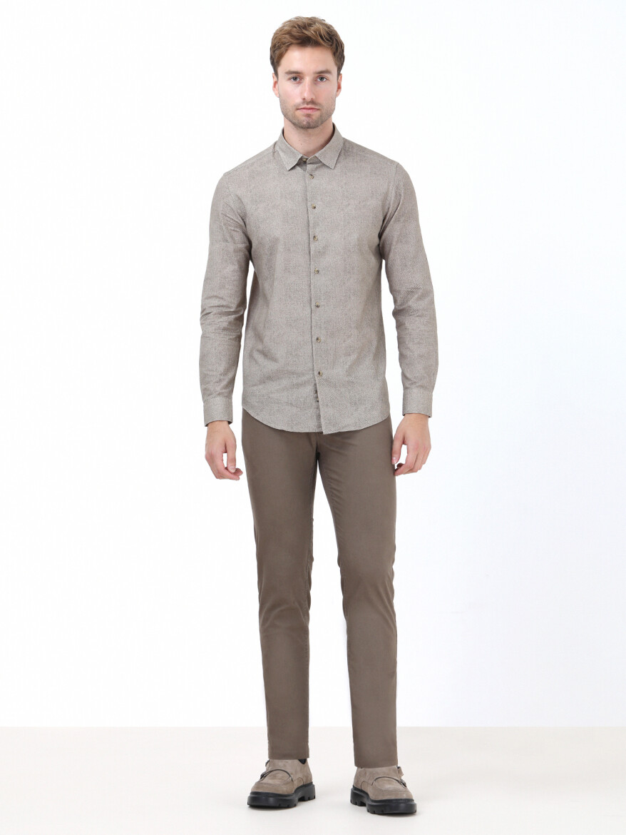 Beige Patterned Regular Fit Long Weaving Casual 100% Cotton Shirt - 2