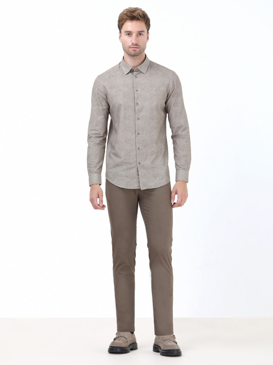 Beige Patterned Regular Fit Long Weaving Casual 100% Cotton Shirt - 2