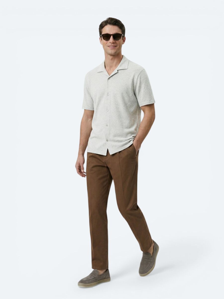 Beige Patterned Regular Fit Short Knitting Casual Linen Blended Shirt - 5