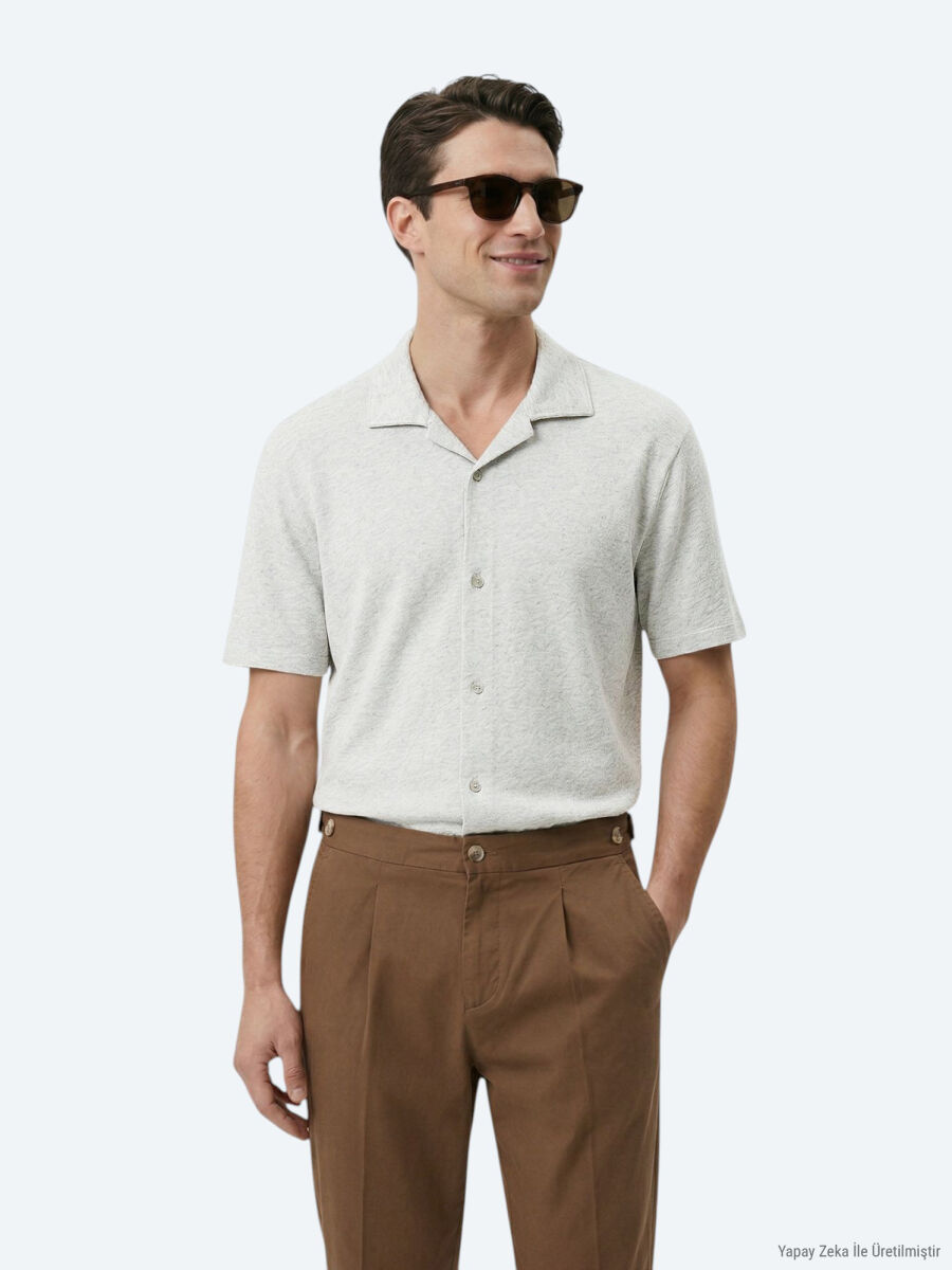 Beige Patterned Regular Fit Short Knitting Casual Linen Blended Shirt - 1