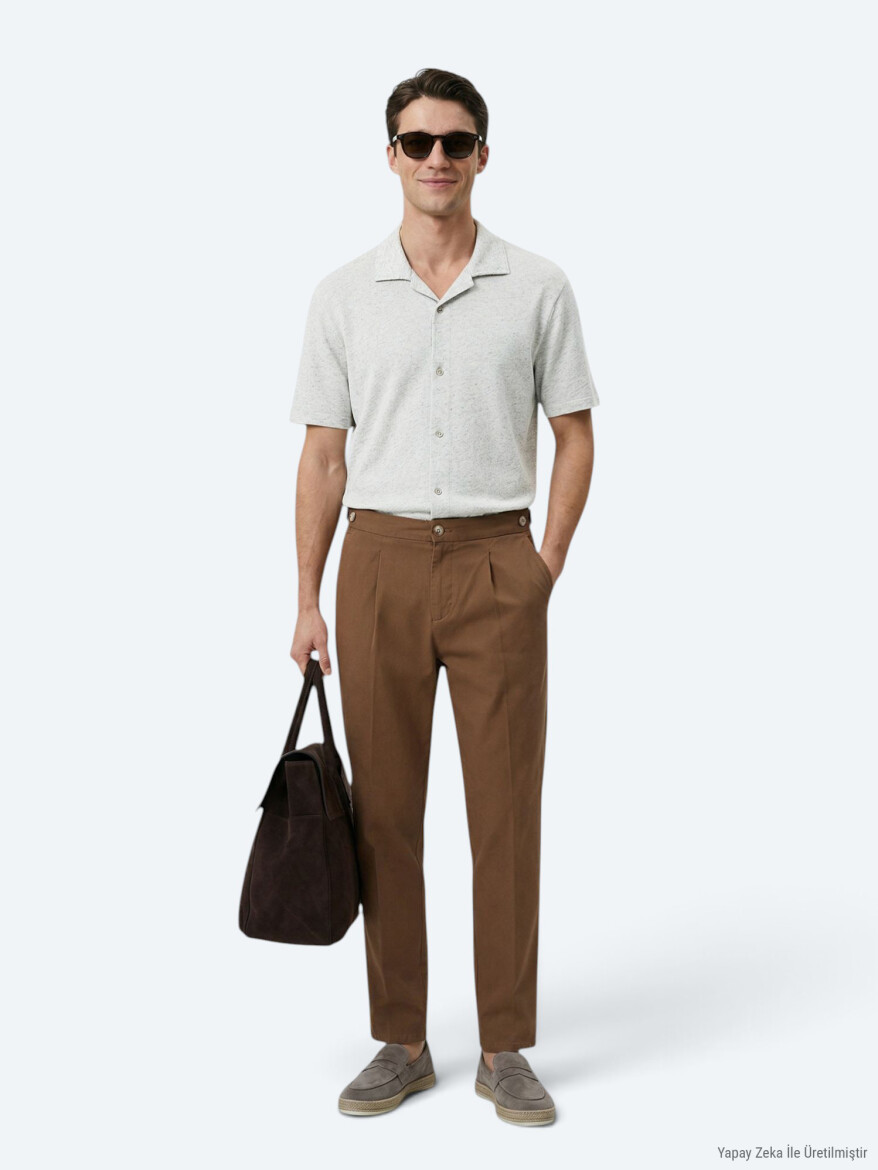 Beige Patterned Regular Fit Short Knitting Casual Linen Blended Shirt - KİP