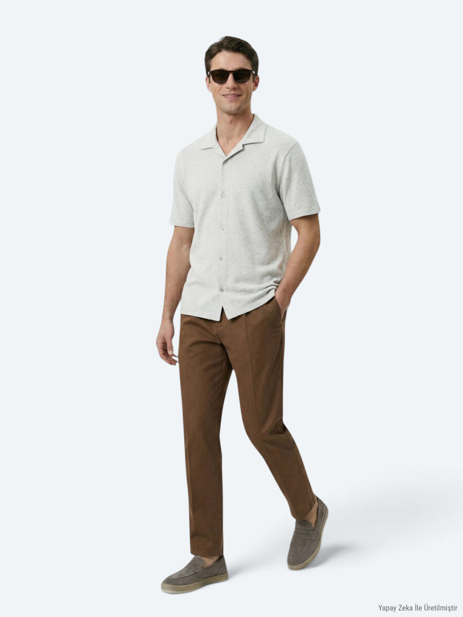 Beige Patterned Regular Fit Short Knitting Casual Linen Blended Shirt - 5
