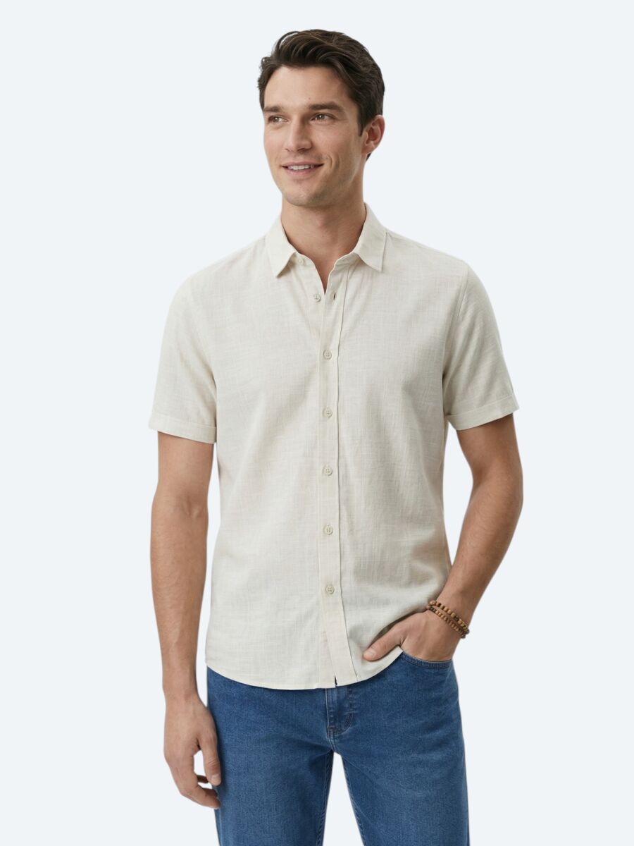 Beige Patterned Regular Fit Short Knitting Casual Shirt - 1