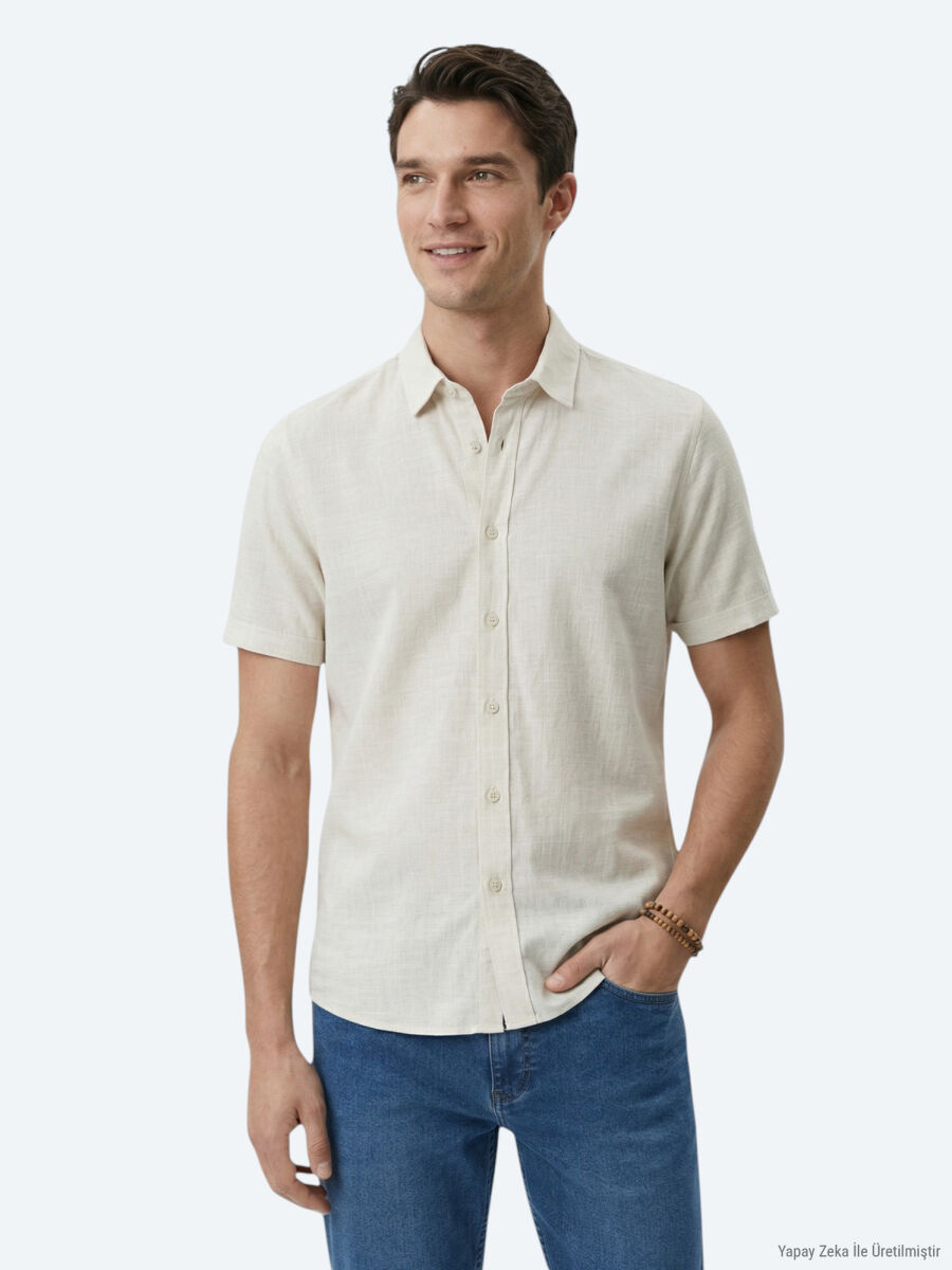Beige Patterned Regular Fit Short Knitting Casual Shirt - 1