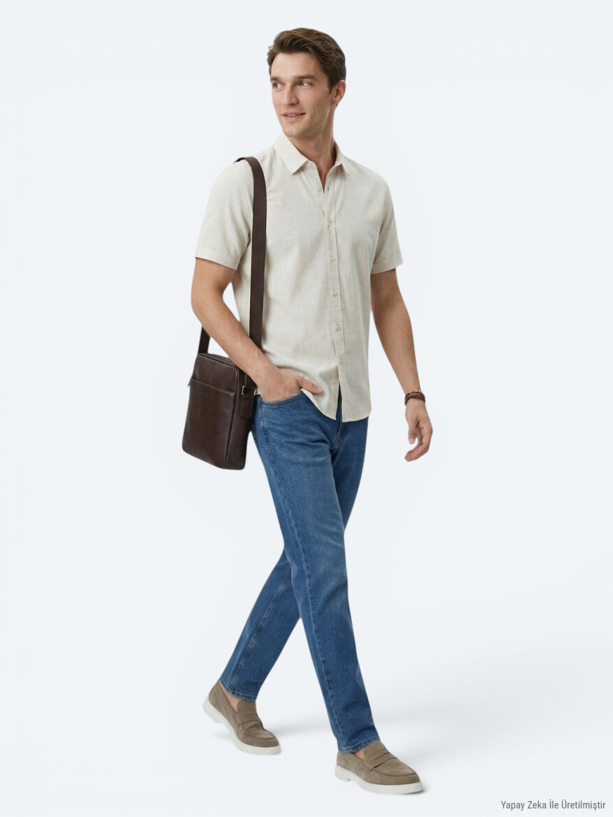 Beige Patterned Regular Fit Short Knitting Casual Shirt - KİP