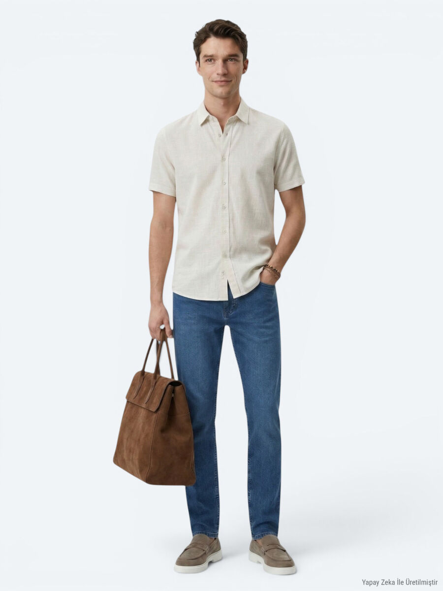 Beige Patterned Regular Fit Short Knitting Casual Shirt - 3