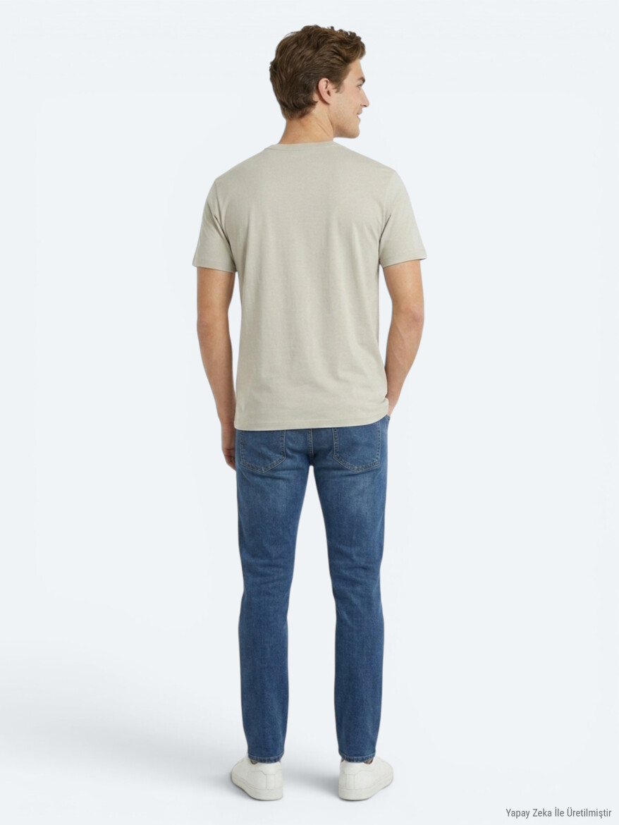 Beige Plain Cotton Blended T-Shirt - 5