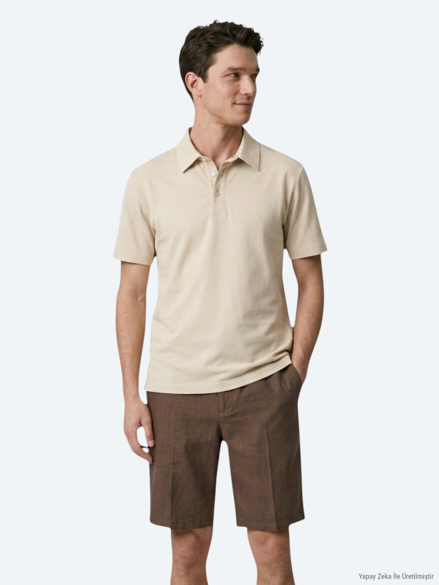 Beige Plain Cotton Blended T-Shirt - KİP