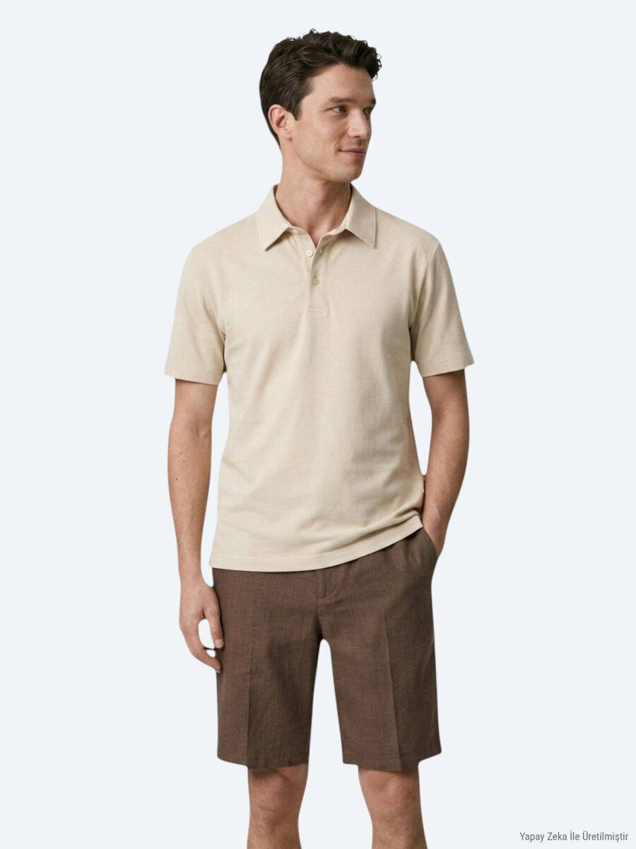 Beige Plain Cotton Blended T-Shirt - 1