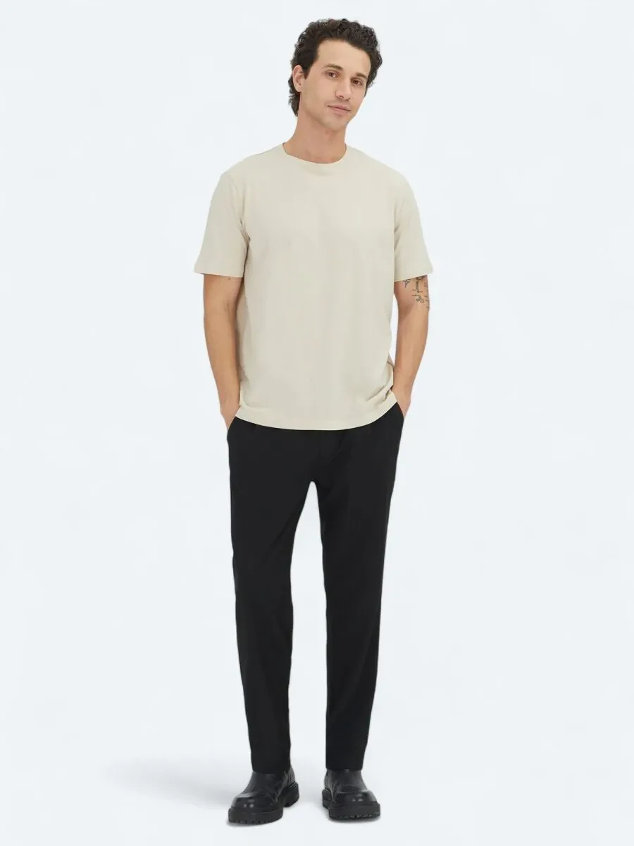 Beige Plain Crew Neck 100% Cotton T-Shirt - 2