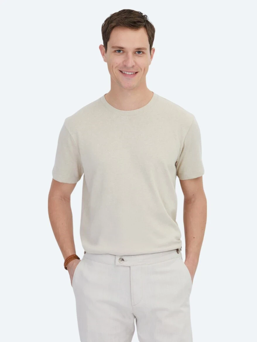 Beige Plain Crew Neck Cotton Blended T-Shirt - 1
