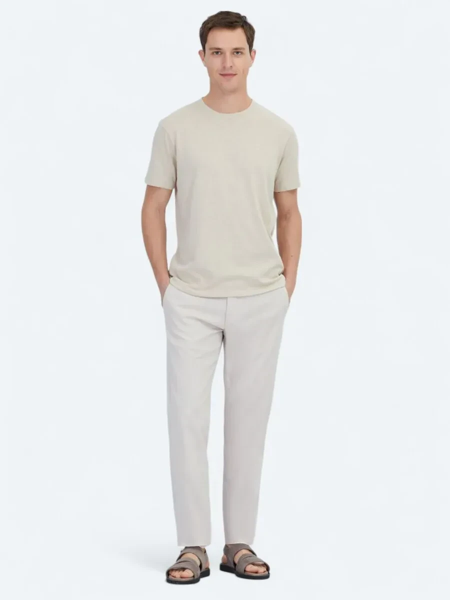 Beige Plain Crew Neck Cotton Blended T-Shirt - 2
