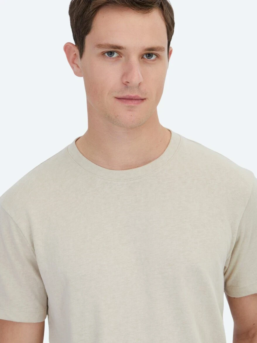 Beige Plain Crew Neck Cotton Blended T-Shirt - 4