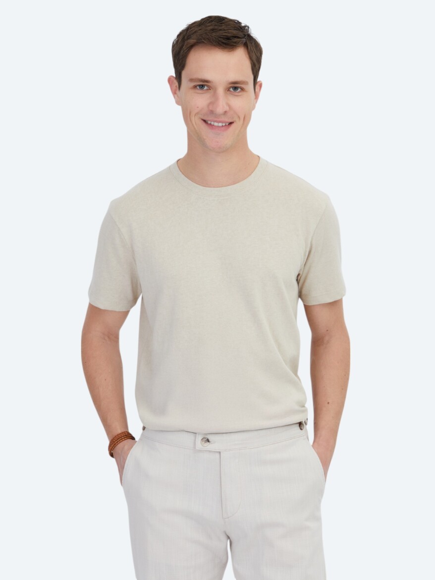 Beige Plain Crew Neck Cotton Blended T-Shirt - KİP