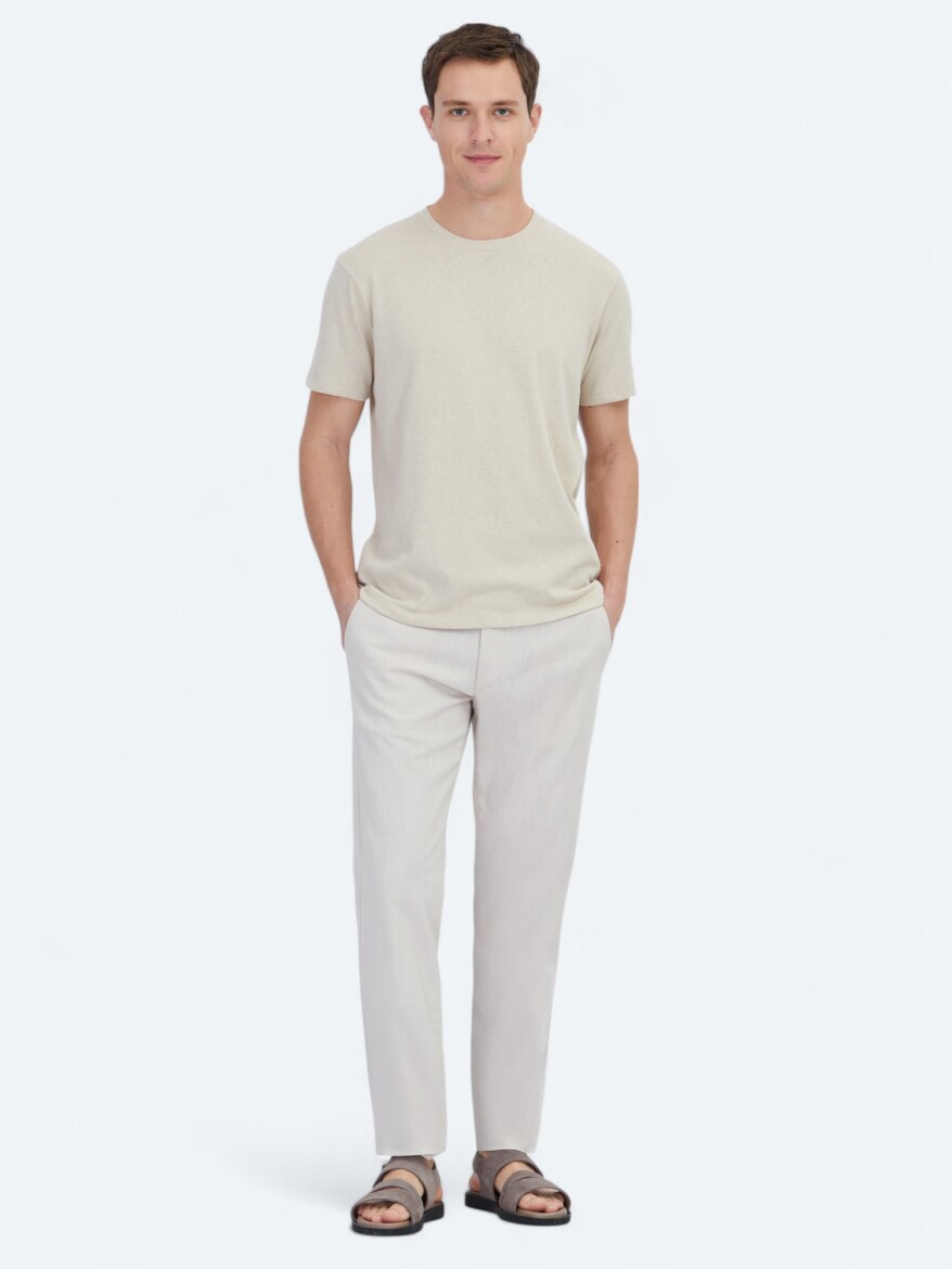 Beige Plain Crew Neck Cotton Blended T-Shirt - KİP
