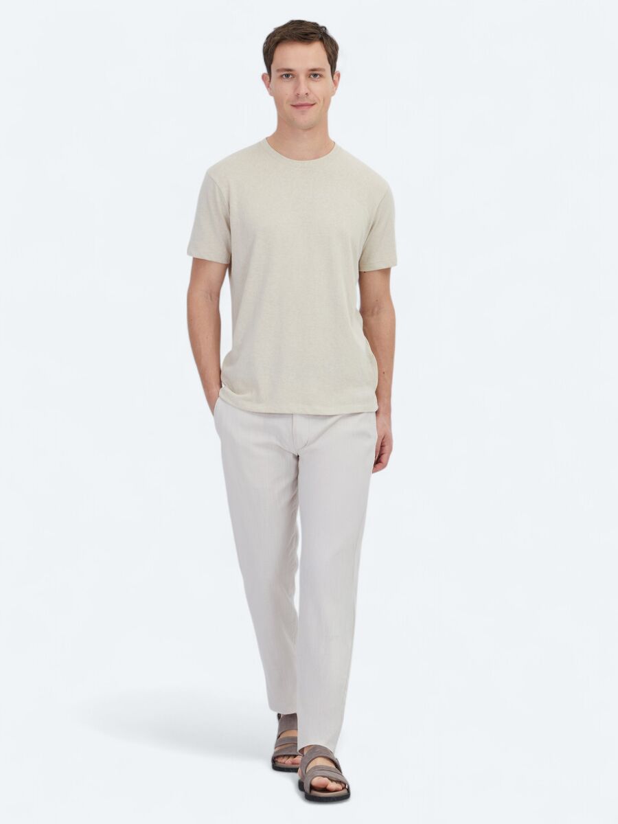 Beige Plain Crew Neck Cotton Blended T-Shirt - 3