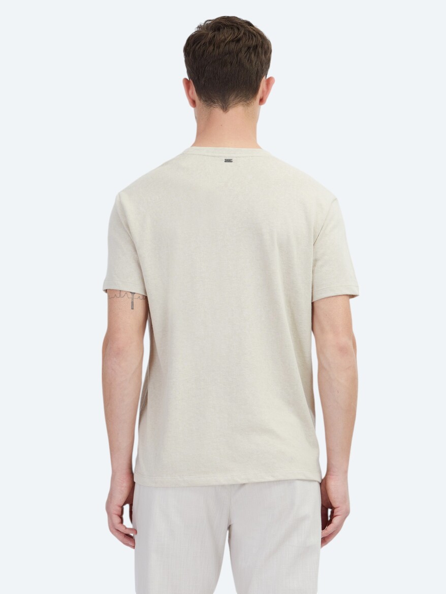 Beige Plain Crew Neck Cotton Blended T-Shirt - 5
