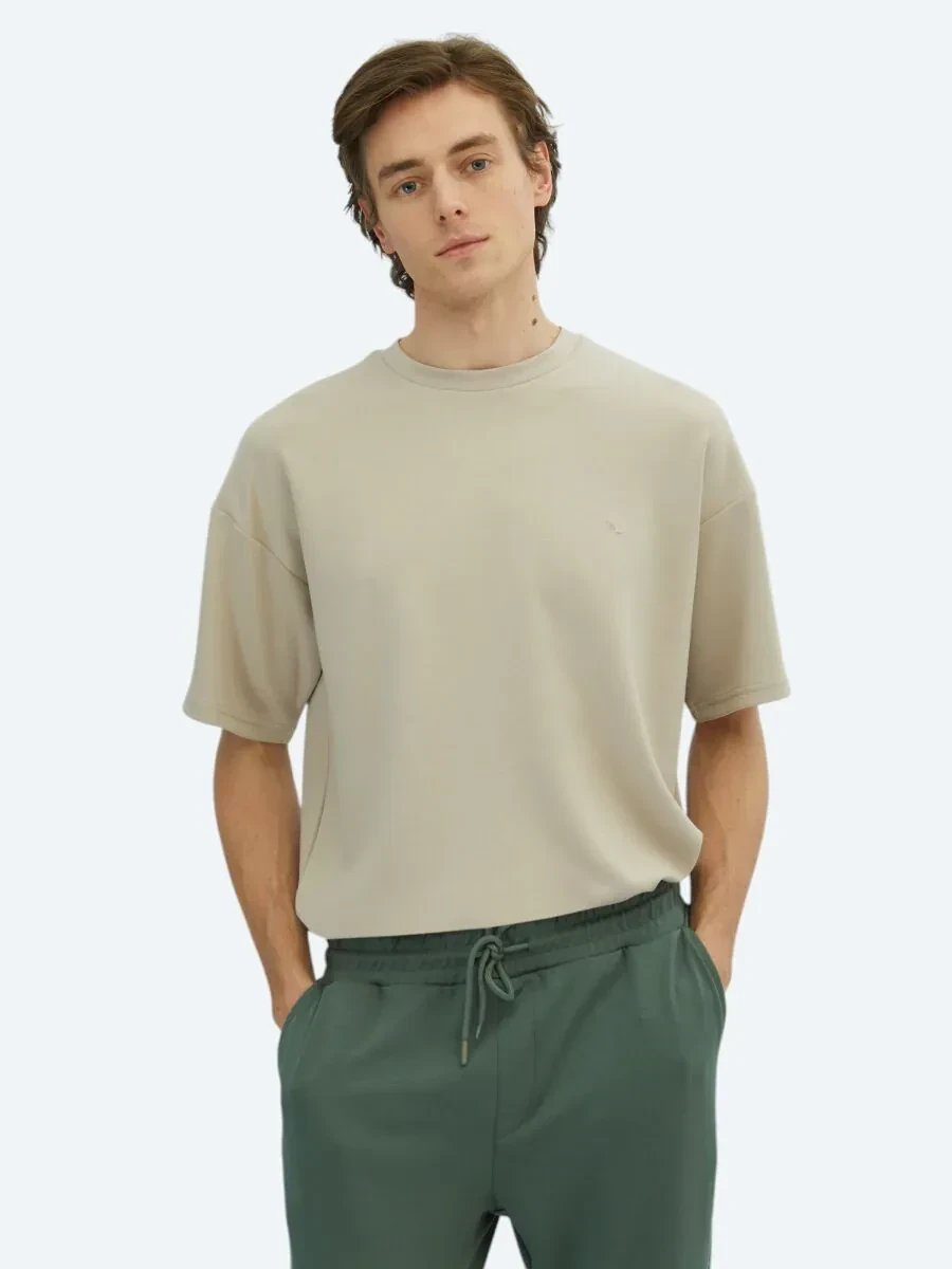 Beige Plain Crew Neck T-Shirt - 1