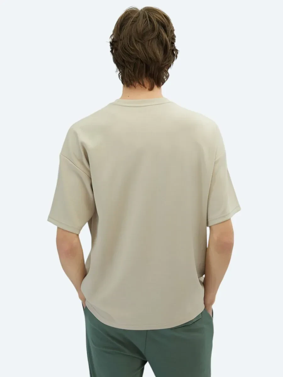 Beige Plain Crew Neck T-Shirt - 5