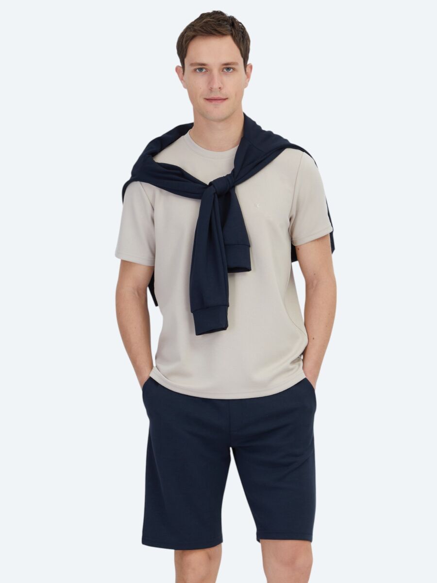 Beige Plain Crew Neck T-Shirt - 1