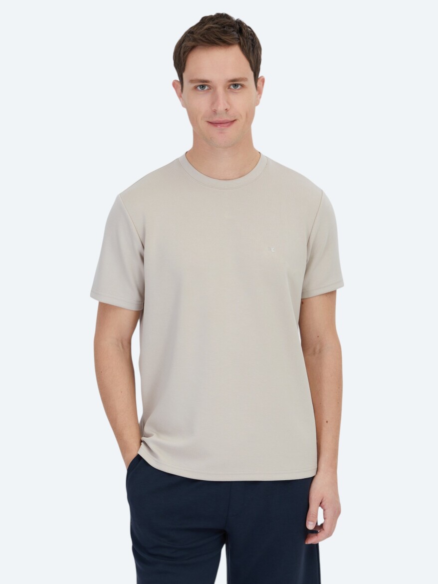 Beige Plain Crew Neck T-Shirt - 3