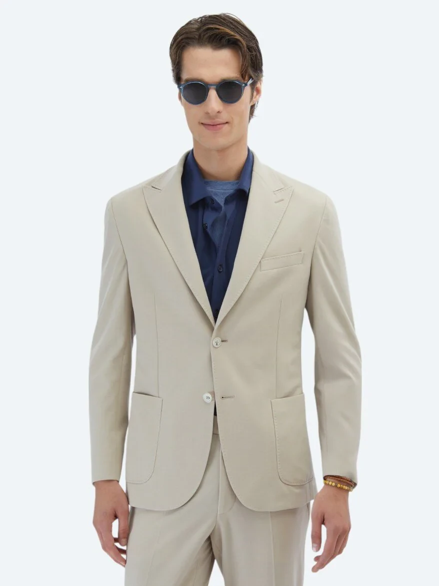Beige Plain Modern Fit 100% Cotton Suit - 1