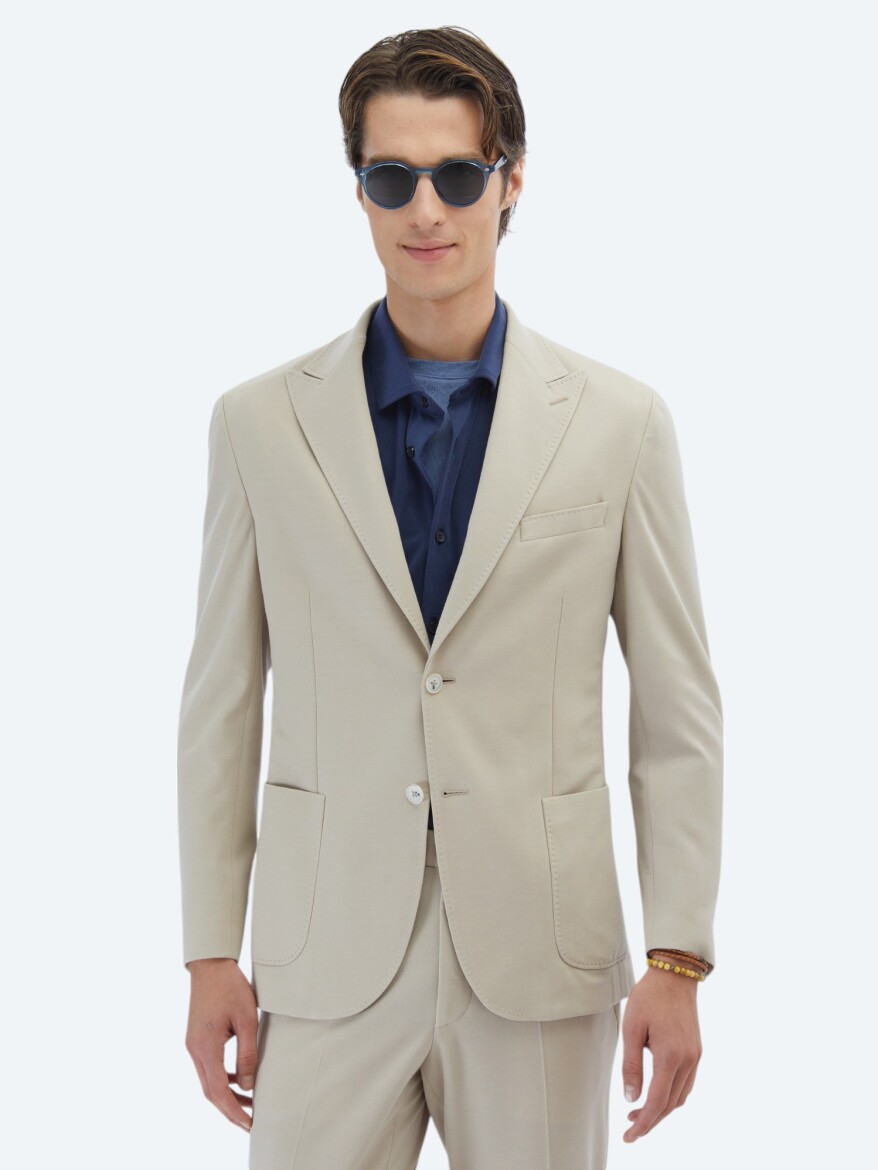 Beige Plain Modern Fit 100% Cotton Suit - 1