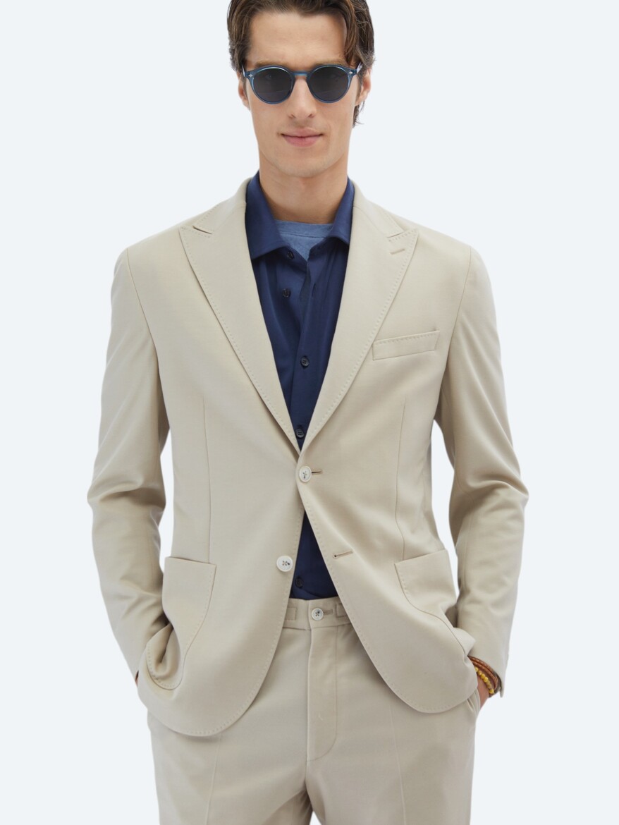 Beige Plain Modern Fit 100% Cotton Suit - 4