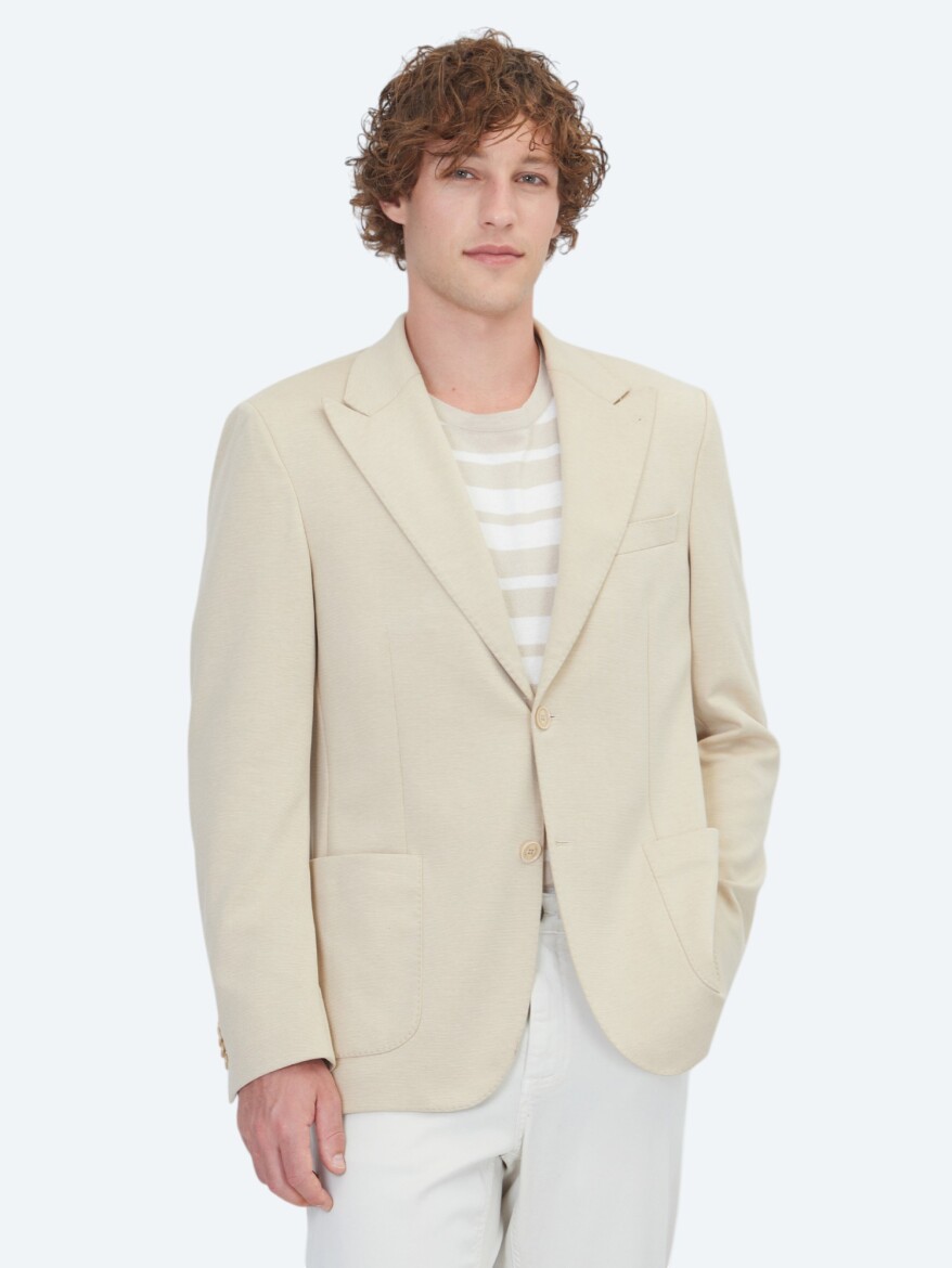 Beige Plain Modern Fit Cotton Blended Jacket - 1