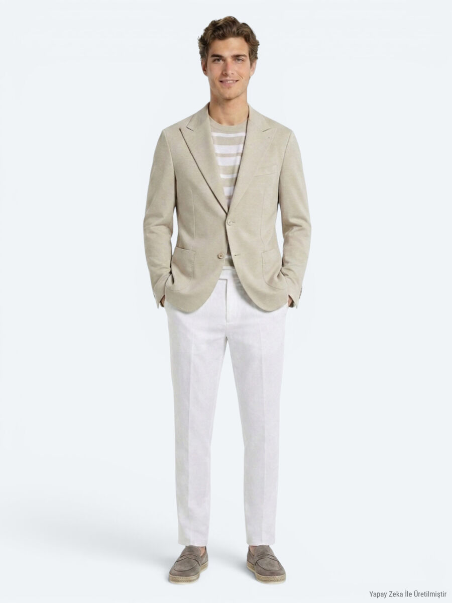 Beige Plain Modern Fit Cotton Blended Jacket - 2